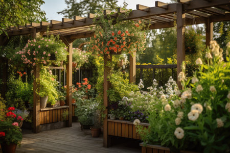 pergola with hanging baskets of blooming flowers in a beautiful garden, created with generative aiの素材