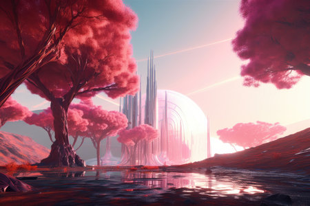 pink futuristic landscape with towering trees and a sunrise in the background, created with generative aiの素材