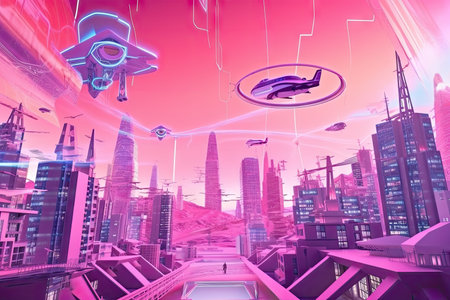 pink futuristic cityscape with flying vehicles and holographic billboards, created with generative aiの素材