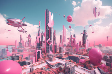 pink futuristic cityscape, with towering buildings and flying cars, in the future, created with generative aiの素材