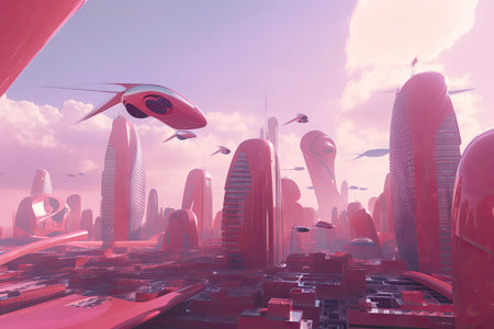 pink futuristic cityscape, with towering buildings and flying cars, in the future, created with generative aiの素材