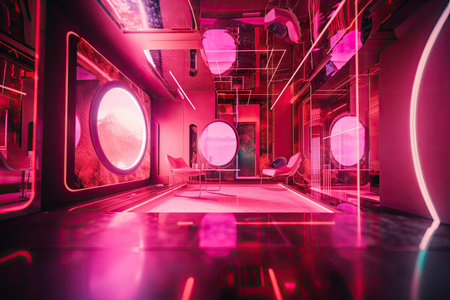 pink futuristic room, with holographic projections of bright colors and shapes, created with generative aiの素材