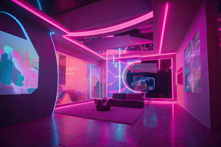 pink futuristic room, with holographic projections of bright colors and shapes, created with generative aiの素材