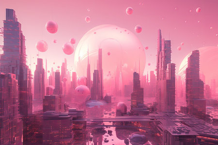 pink futuristic cityscape, with towering skyscrapers and flying cars, created with generative aiの素材