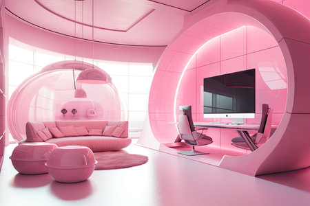 pink futuristic room, with high-tech gadgets and sleek furniture, created with generative aiの素材