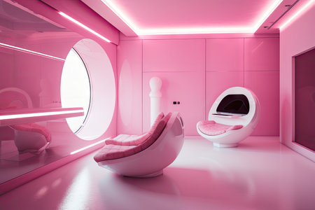 pink futuristic room, with high-tech gadgets and sleek furniture, created with generative aiの素材
