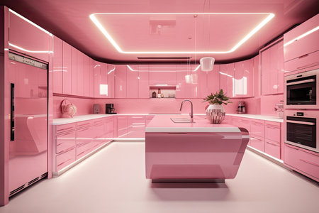 pink futuristic kitchen, with sleek appliances and modern fixtures, created with generative aiの素材