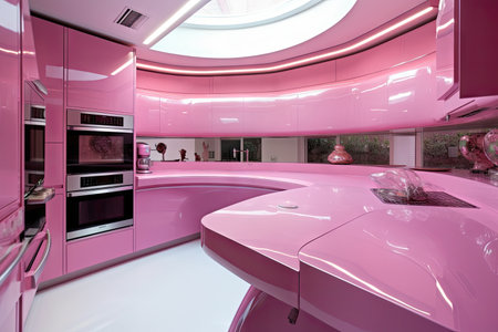 pink futuristic kitchen, with futuristic appliances and sleek counters, created with generative aiの素材