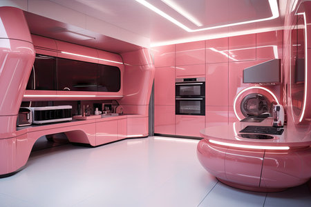 pink futuristic kitchen, with futuristic appliances and sleek counters, created with generative aiの素材