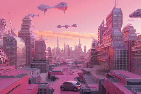 pink futuristic city, with towering skyscrapers and flying cars, created with generative aiの素材