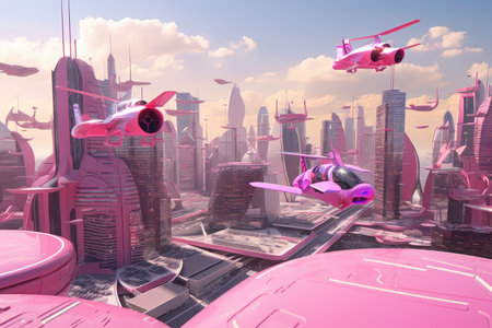 pink futuristic city, with towering skyscrapers and flying cars, created with generative aiの素材