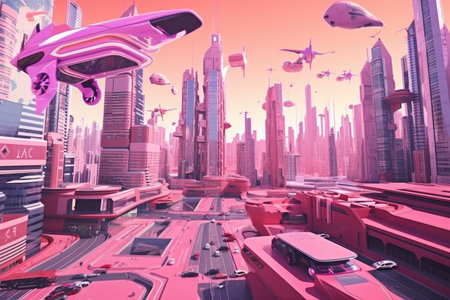 pink futuristic city, with towering skyscrapers and flying cars, created with generative aiの素材