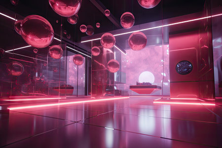 pink futuristic hall with holographic images and floating spheres, created with generative aiの素材