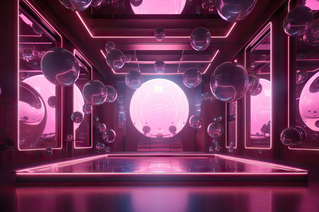 pink futuristic hall with holographic images and floating spheres, created with generative aiの素材