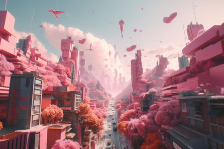 pink futuristic cityscape, with towering buildings and flying vehicles, created with generative aiの素材