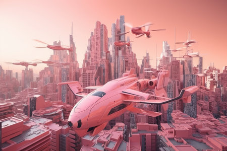 pink futuristic scene with flying spacecraft and detailed cityscape, created with generative aiの素材