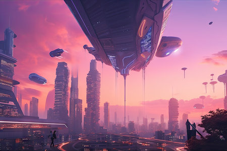 futuristic cityscape with towering skyscrapers, pink and purple sky, and flying cars, created with generative aiの素材
