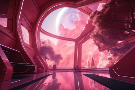 pink futuristic setting, with view of distant starscapes and galaxies, created with generative aiの素材