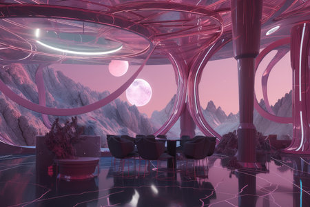 pink futuristic setting, with view of distant starscapes and galaxies, created with generative aiの素材