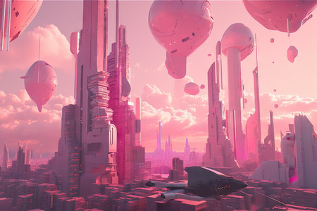 pink futuristic cityscape filled with towering buildings and flying vehicles, created with generative aiの素材
