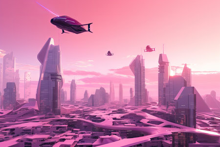 pink futuristic cityscape with towering buildings and flying cars, created with generative aiの素材