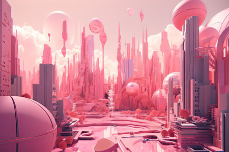 pink futuristic cityscape with towering buildings and flying cars, created with generative aiの素材