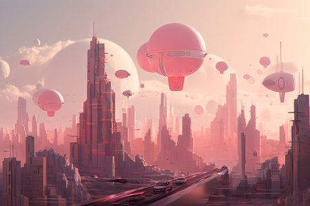 pink futuristic cityscape with towering buildings and flying cars, created with generative aiの素材