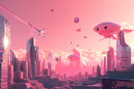 pink futuristic cityscape with towering buildings and flying cars, created with generative aiの素材