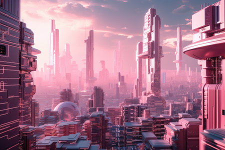 pink futuristic cityscape, with towering skyscrapers and bustling streets, created with generative aiの素材