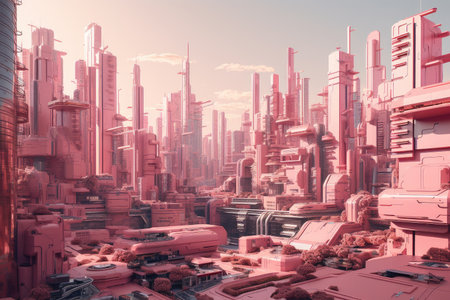pink futuristic cityscape, with towering skyscrapers and bustling streets, created with generative aiの素材