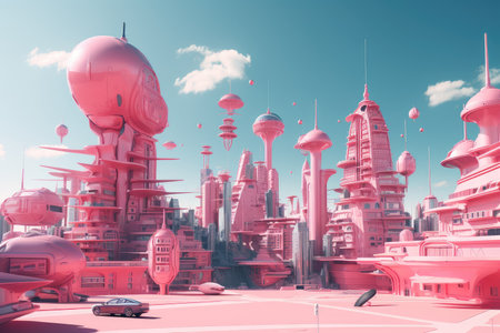 pink futuristic city, with towering buildings and flying cars, on a clear blue sky, created with generative aiの素材