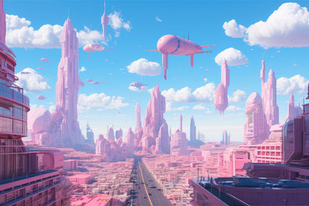 pink futuristic city, with towering buildings and flying cars, on a clear blue sky, created with generative aiの素材