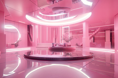 futuristic pink ballroom with floating platforms and sleek decor, created with generative aiの素材