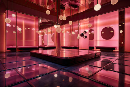 futuristic pink ballroom with floating platforms and sleek decor, created with generative aiの素材