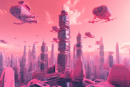 pink futuristic cityscape with towering skyscrapers and flying vehicles, created with generative aiの素材