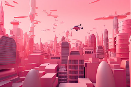 pink futuristic cityscape with towering skyscrapers and flying vehicles, created with generative aiの素材