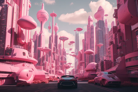 pink futuristic cityscape, with towering skyscrapers and flying cars, created with generative aiの素材