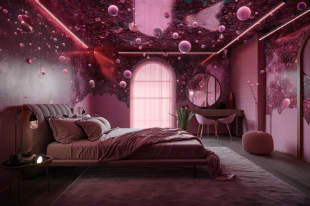 pink futuristic bedroom, with holographic stars and planets on the ceiling, created with generative aiの素材