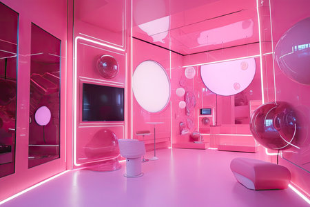 pink futuristic room with holographic walls and floating objects, created with generative aiの素材