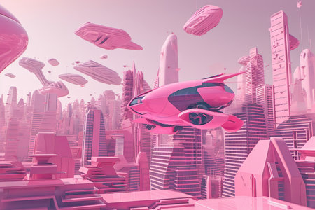 pink futuristic city with towering skyscrapers, flying vehicles, and advanced technology, created with generative aiの素材