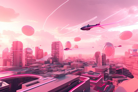 pink futuristic cityscape with flying cars, hoverboards, and holographic billboards, created with generative aiの素材
