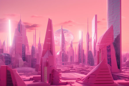 pink future, with 3d rendering of futuristic city in the background, created with generative aiの素材