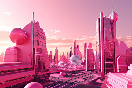 pink future, with 3d rendering of futuristic city in the background, created with generative aiの素材