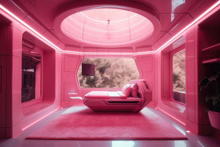 pink futuristic room, with floating bed and view of the stars, created with generative aiの素材