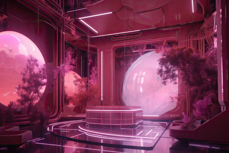 pink futuristic setting, with floating holographic information and otherworldly lighting, created with generative aiの素材