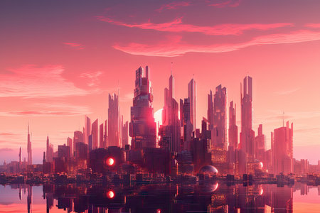futuristic cityscape, with pink sunset and skyscrapers in the background, created with generative aiの素材