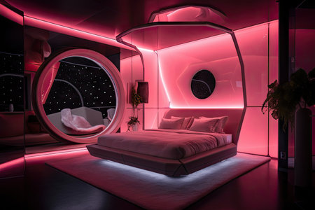 pink futuristic bedroom, with floating bed and view of the stars, created with generative aiの素材