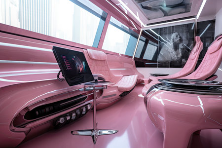 pink and chrome high-tech interior, with advanced gadgets and technology, created with generative aiの素材