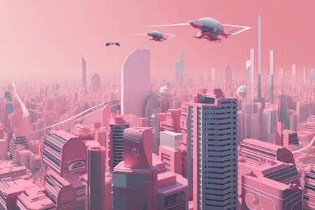 pink futuristic city, with towering skyscrapers and flying cars, created with generative aiの素材