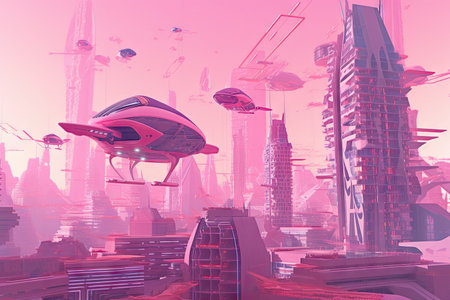 pink futuristic cityscape, with tall buildings and flying cars in the background, created with generative aiの素材